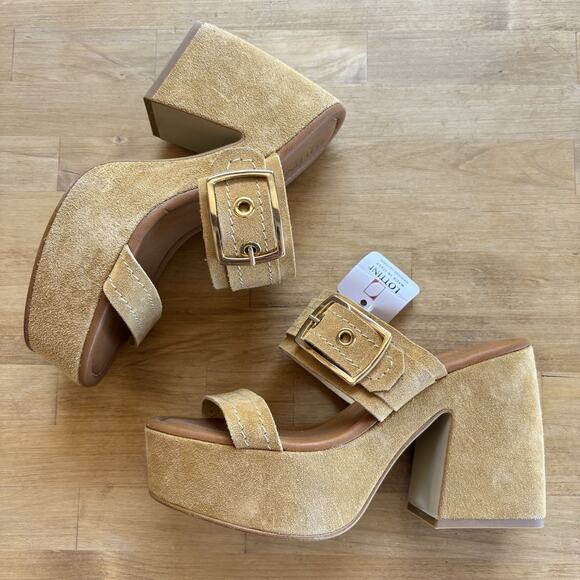 LOTTINI Italian Leather Tan Suede Platform Slide Gold Buckle Sandal Size 40 US 9